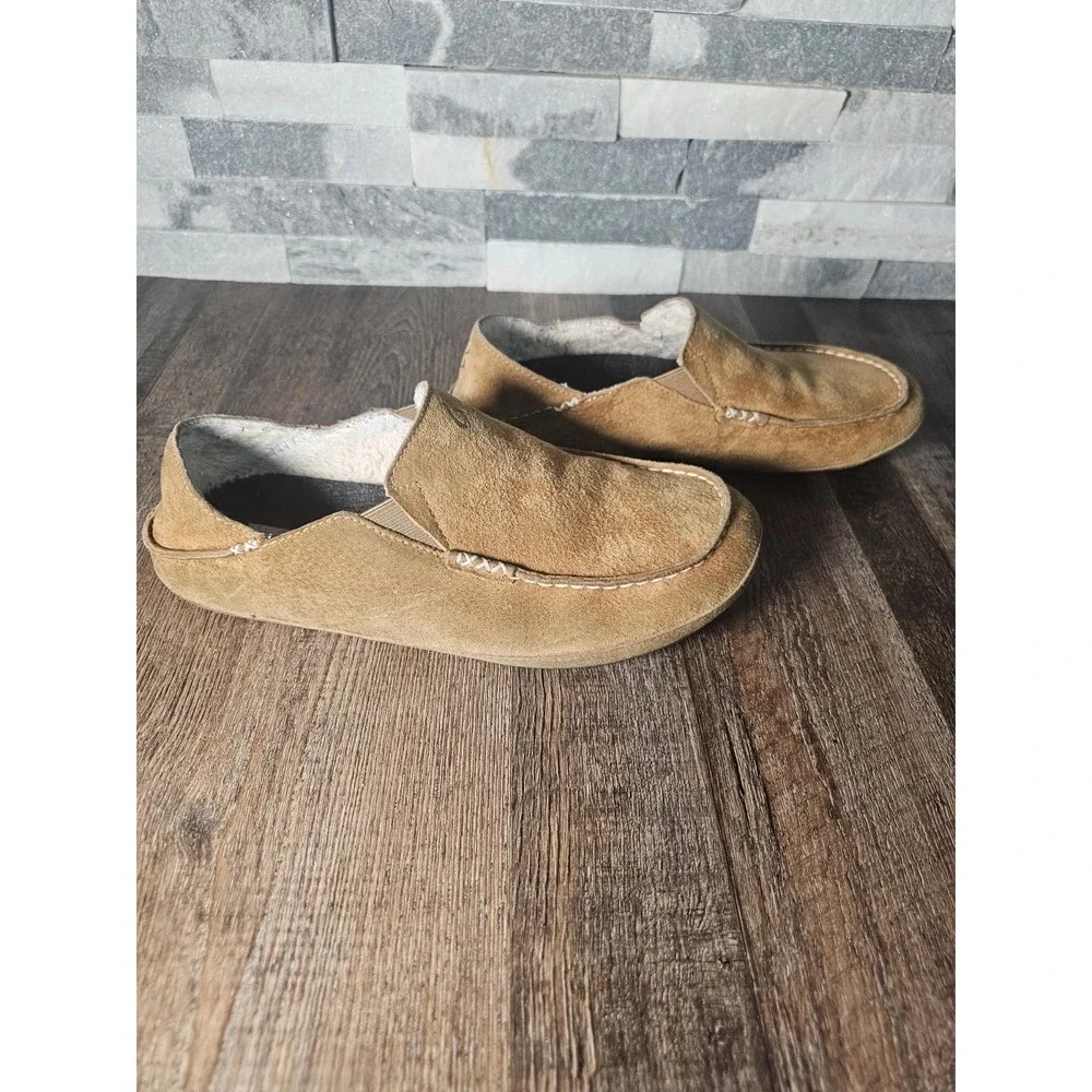 Olukai Men's Moloa Leather Slipper Wool Shearling size  8 Tan great tread rubber